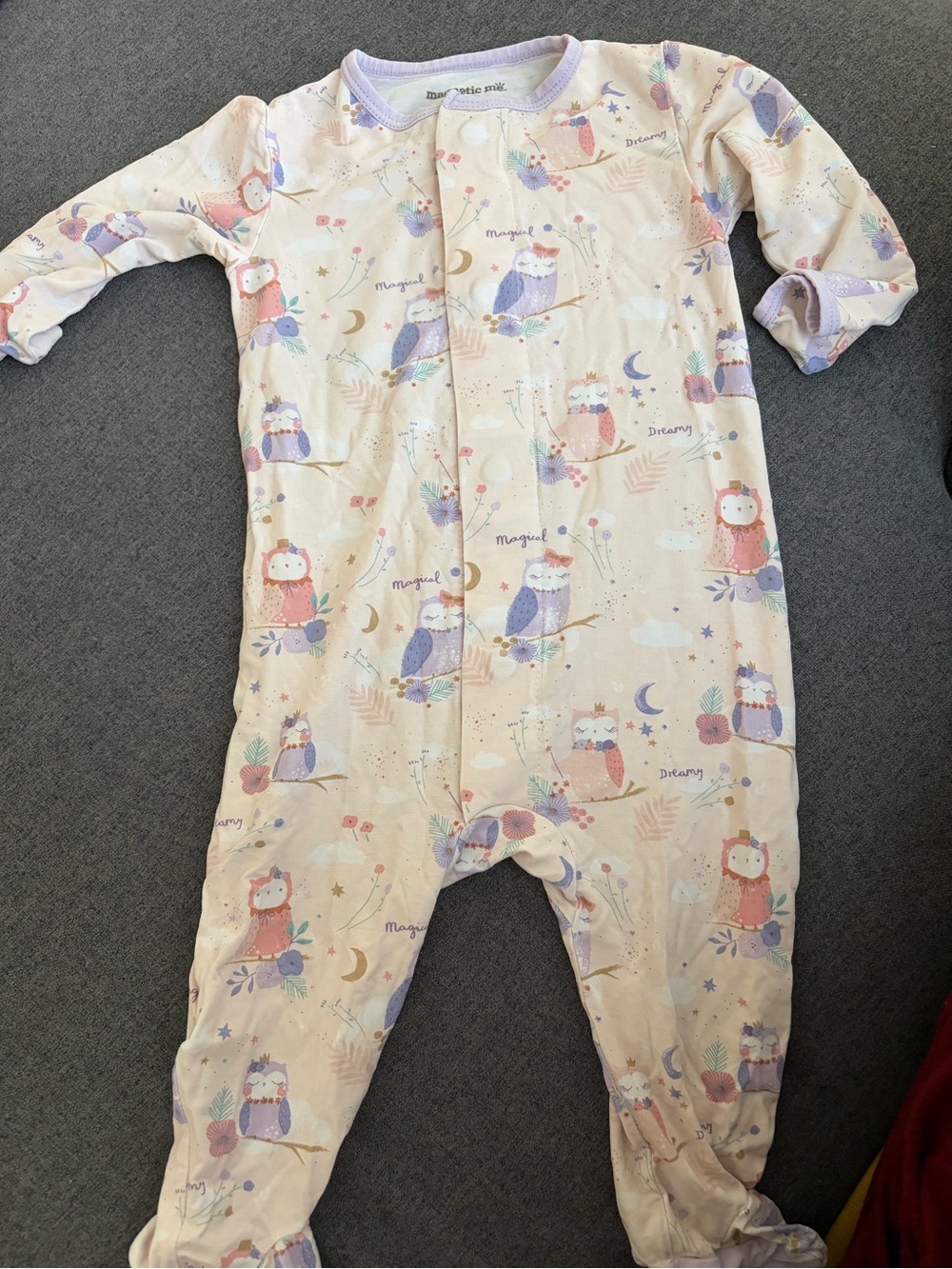 Magnetic Me Pale Pink Owl Print Footie with Lavender Trim